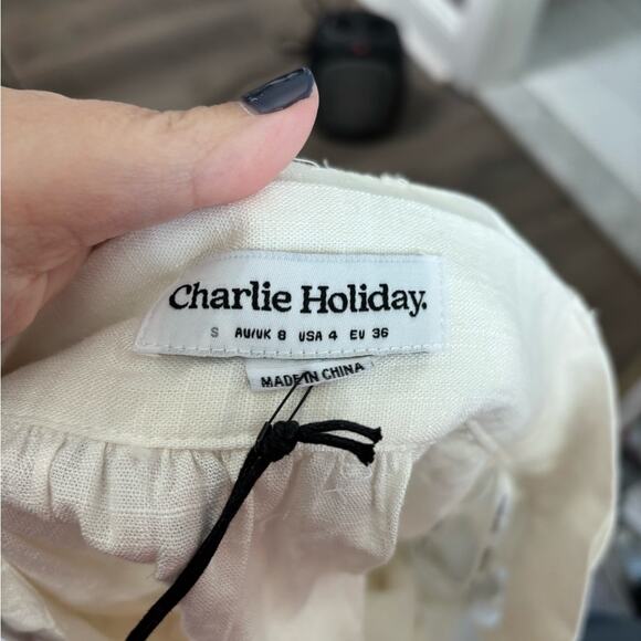 Charlie Holiday White Button Front Linen Belted Skirt Size 4 - Picture 6 of 6